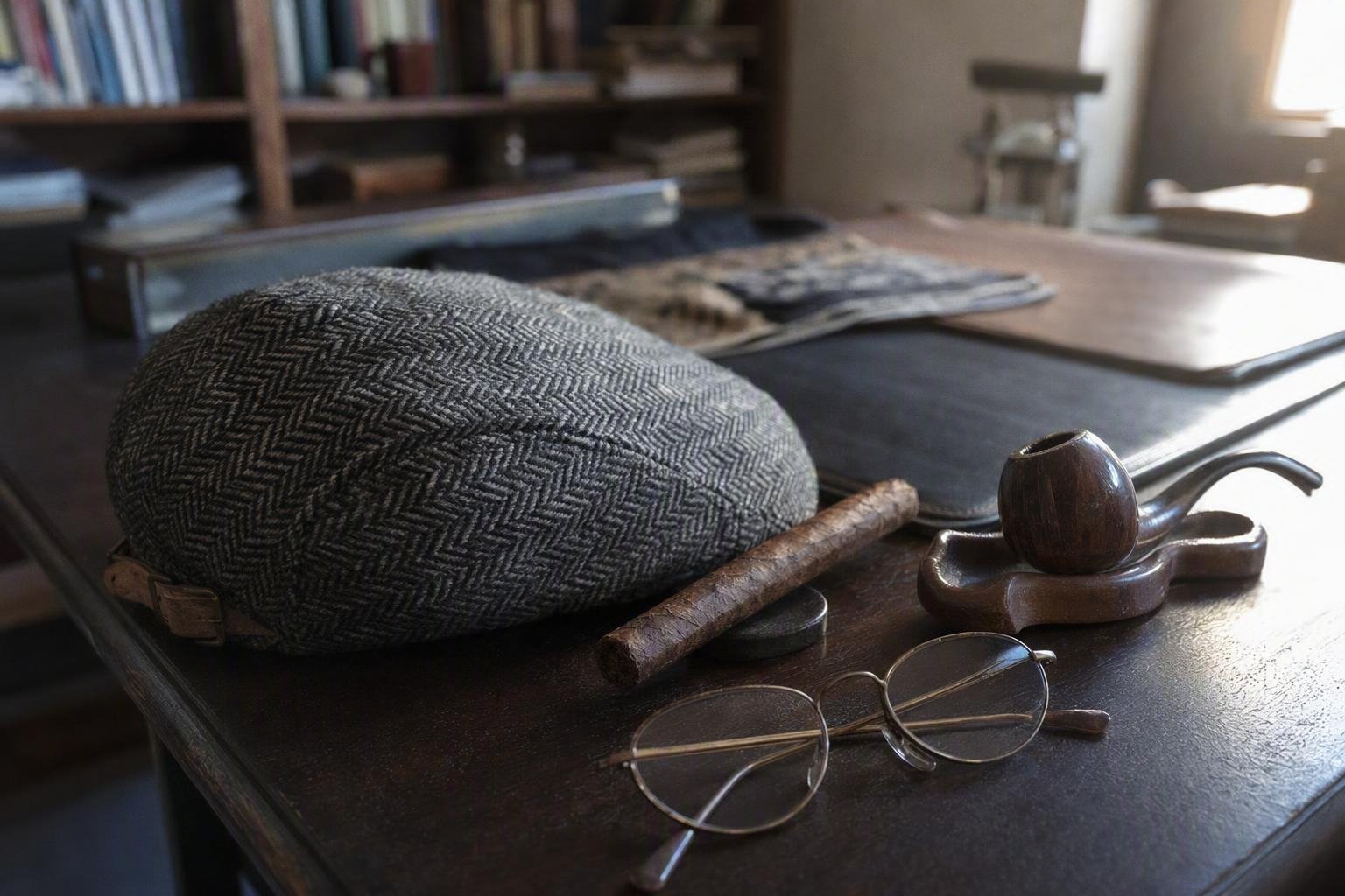 Le bureau de direction : sur le plateau en bois, la casquette plate en laine du fondateur, son cigare, sa pipe et ses lunettes