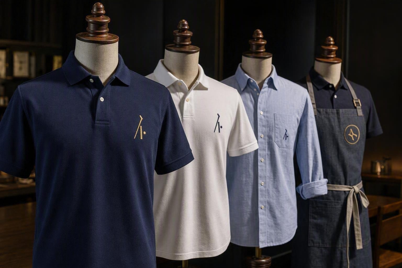 Polos et chemises de service sur mannequins, logo brodé sur la poitrine, tablier de bar à écusson