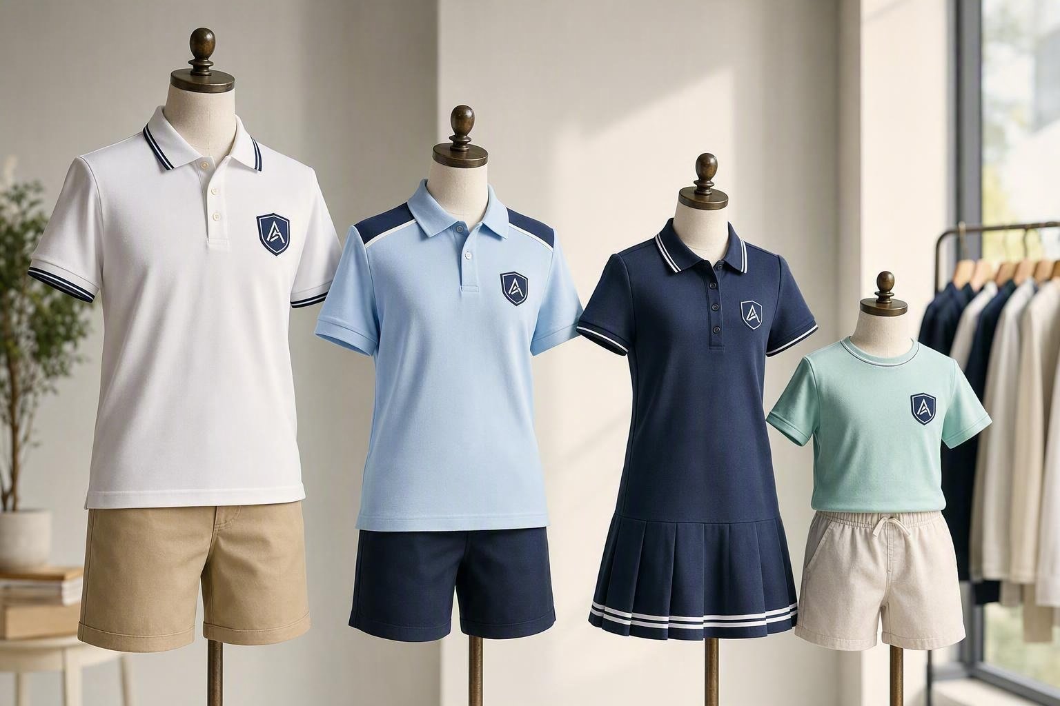 Uniformes scolaires d’été contemporains sur mannequins : polos à liserés, robe-polo plisée, short chino, tee-shirt