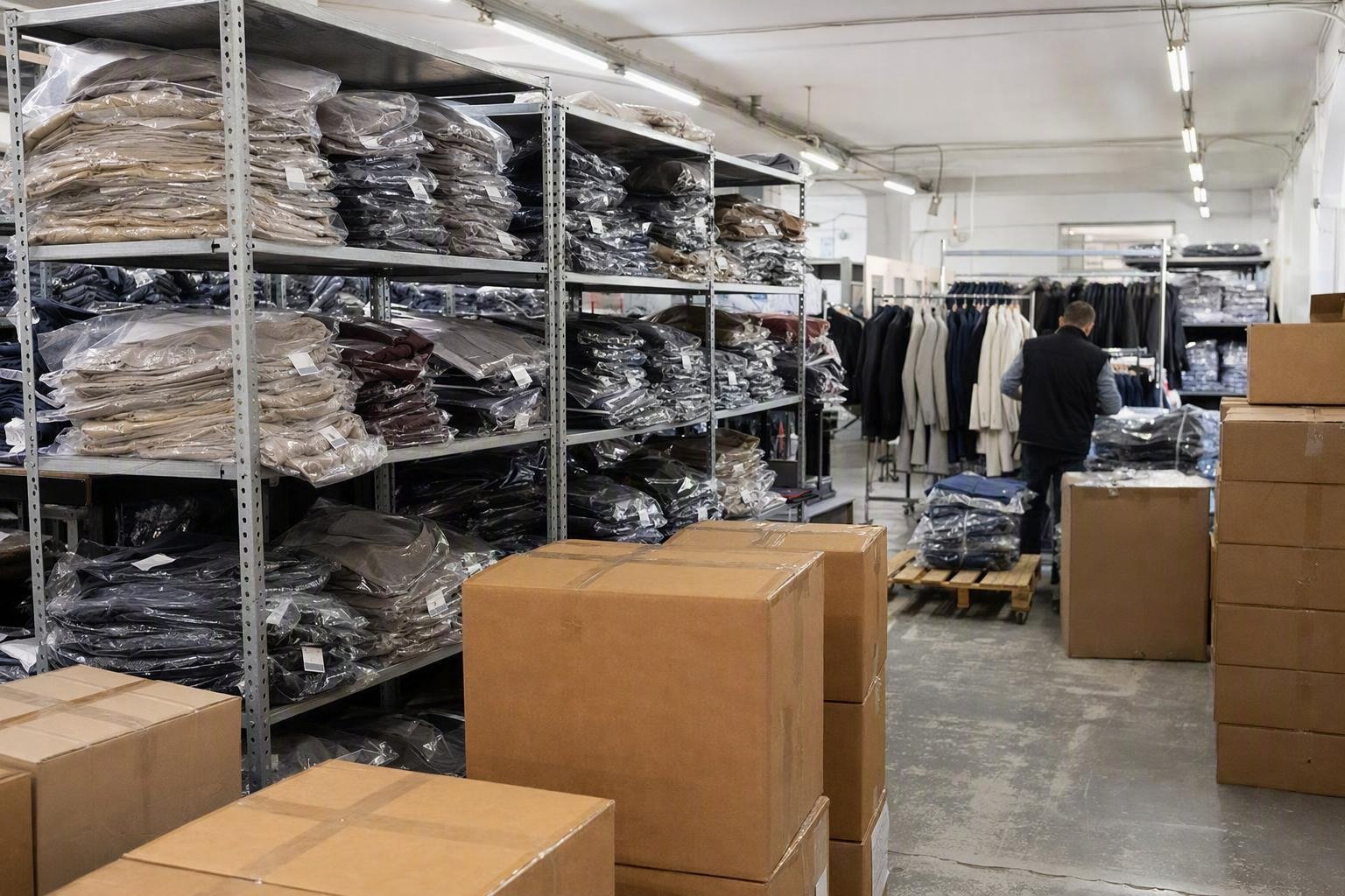 Le magasin des produits finis : vêtements conditionnés prêts à expédier